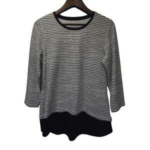 E.L.I. Womens Pima Cotton Striped 3/4 Sleeve Top Black White Size Medium NWOT
